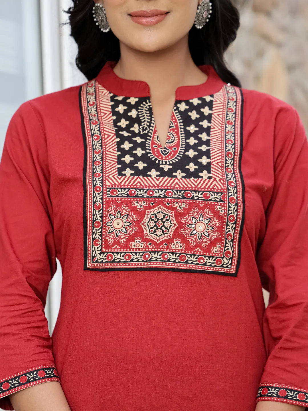 Yufta Maroon Cotton Mandarin Collar Kurta Dupatta Set - Distacart