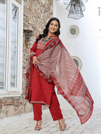 Yufta Maroon Cotton Mandarin Collar Kurta Dupatta Set - Distacart
