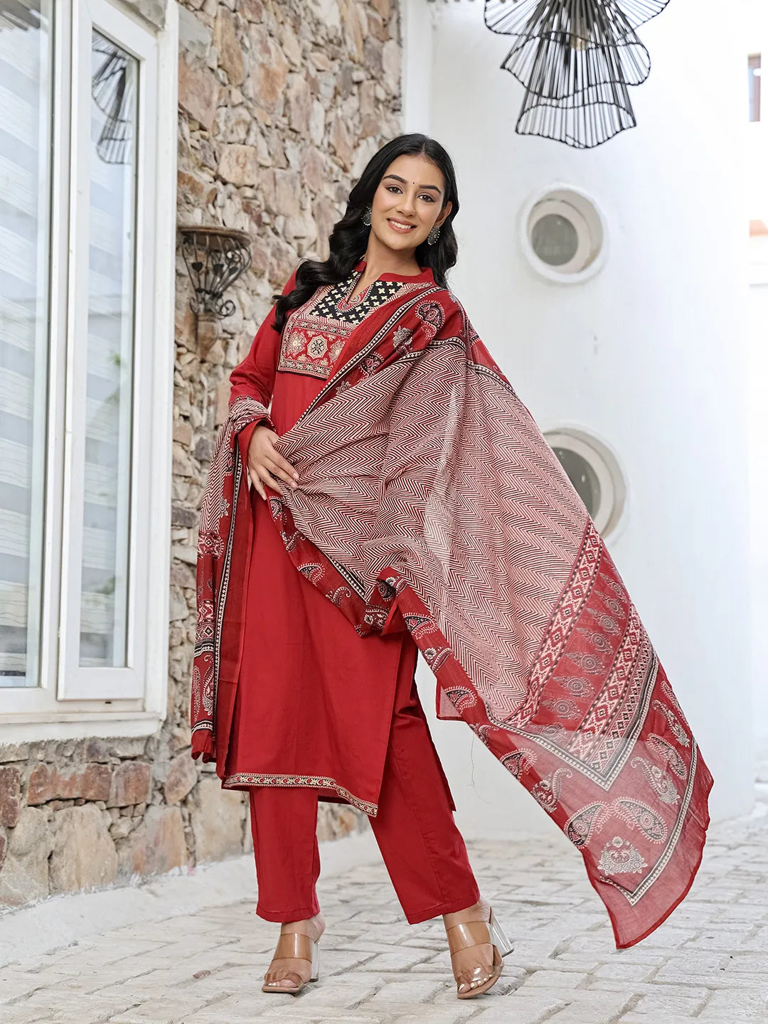 Yufta Maroon Cotton Mandarin Collar Kurta Dupatta Set - Distacart