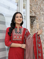 Yufta Maroon Cotton Mandarin Collar Kurta Dupatta Set - Distacart