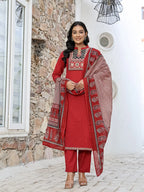 Yufta Maroon Cotton Mandarin Collar Kurta Dupatta Set - Distacart