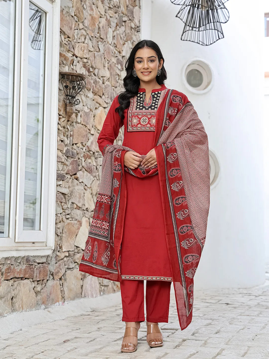 Yufta Maroon Cotton Mandarin Collar Kurta Dupatta Set - Distacart