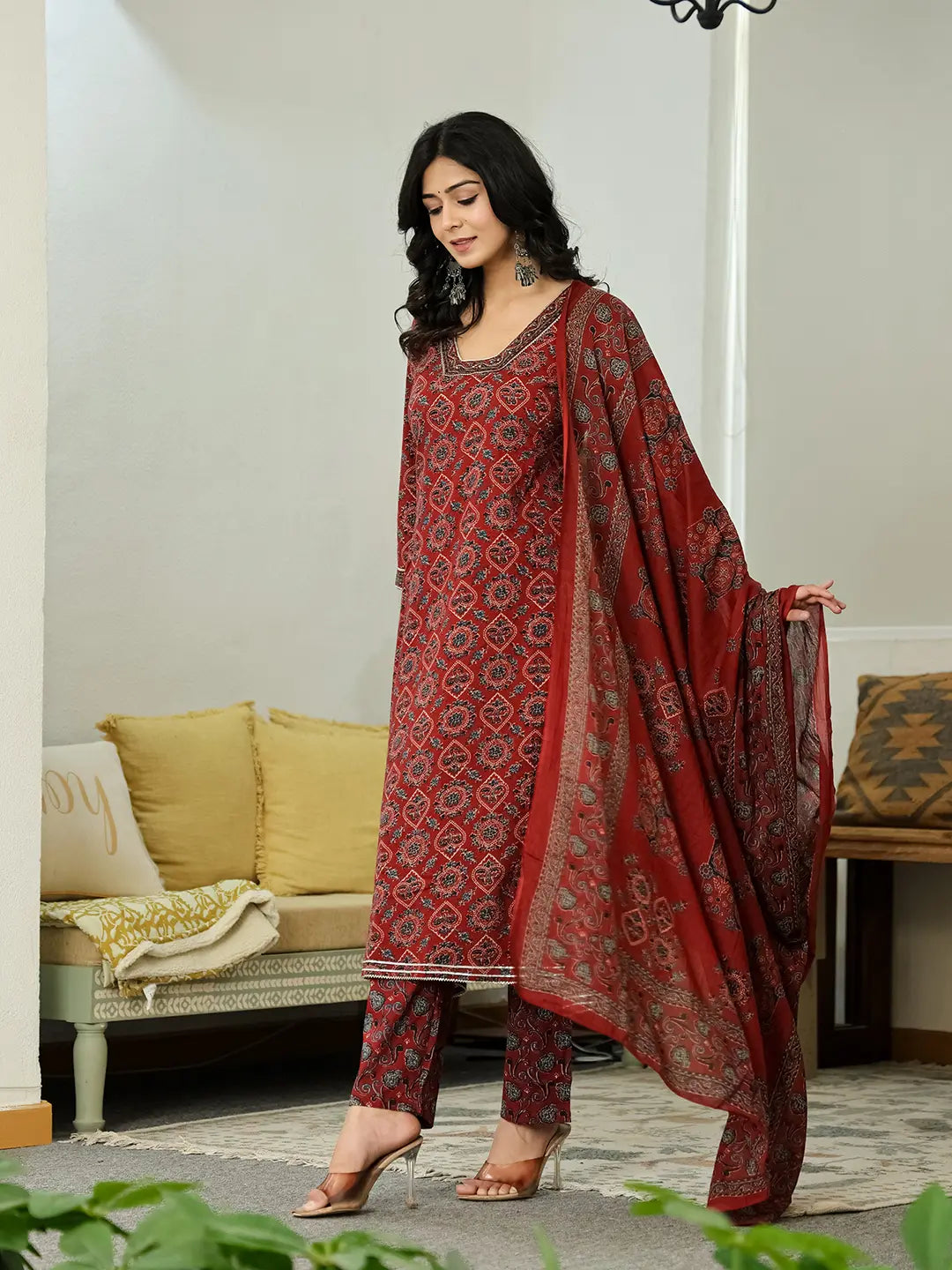 Yufta Maroon Ethnic Motifs A-Line Kurta Trouser Dupatta Set With Bucket Neck - Distacart