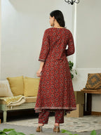 Yufta Maroon Ethnic Motifs A-Line Kurta Trouser Dupatta Set With Bucket Neck - Distacart