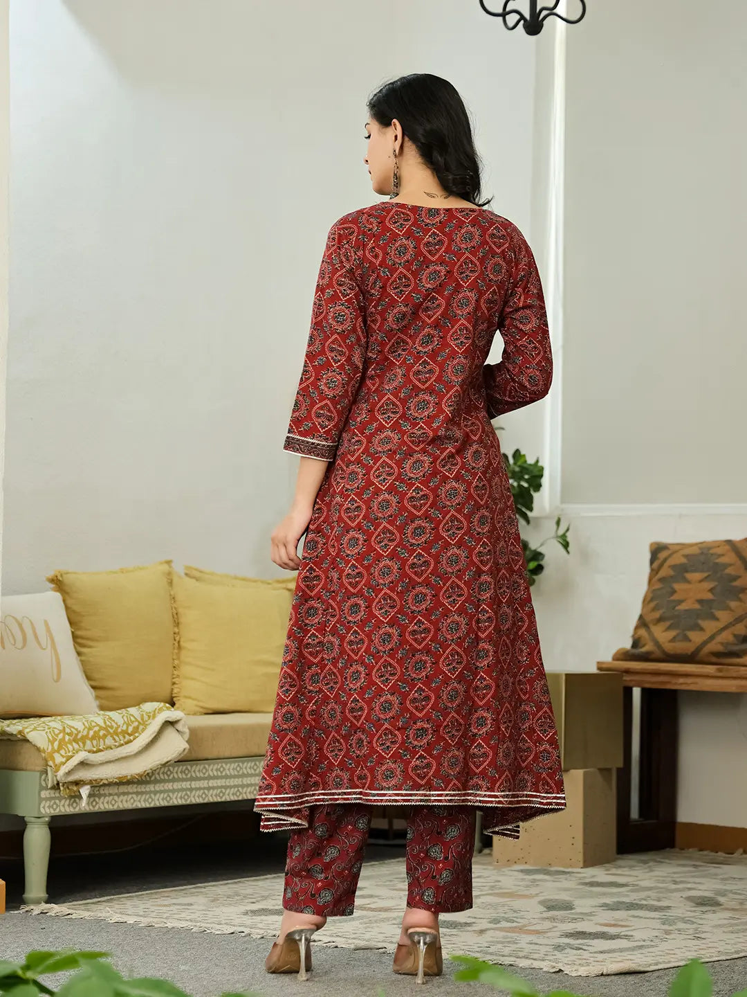 Yufta Maroon Ethnic Motifs A-Line Kurta Trouser Dupatta Set With Bucket Neck - Distacart