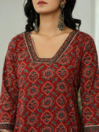 Yufta Maroon Ethnic Motifs A-Line Kurta Trouser Dupatta Set With Bucket Neck - Distacart