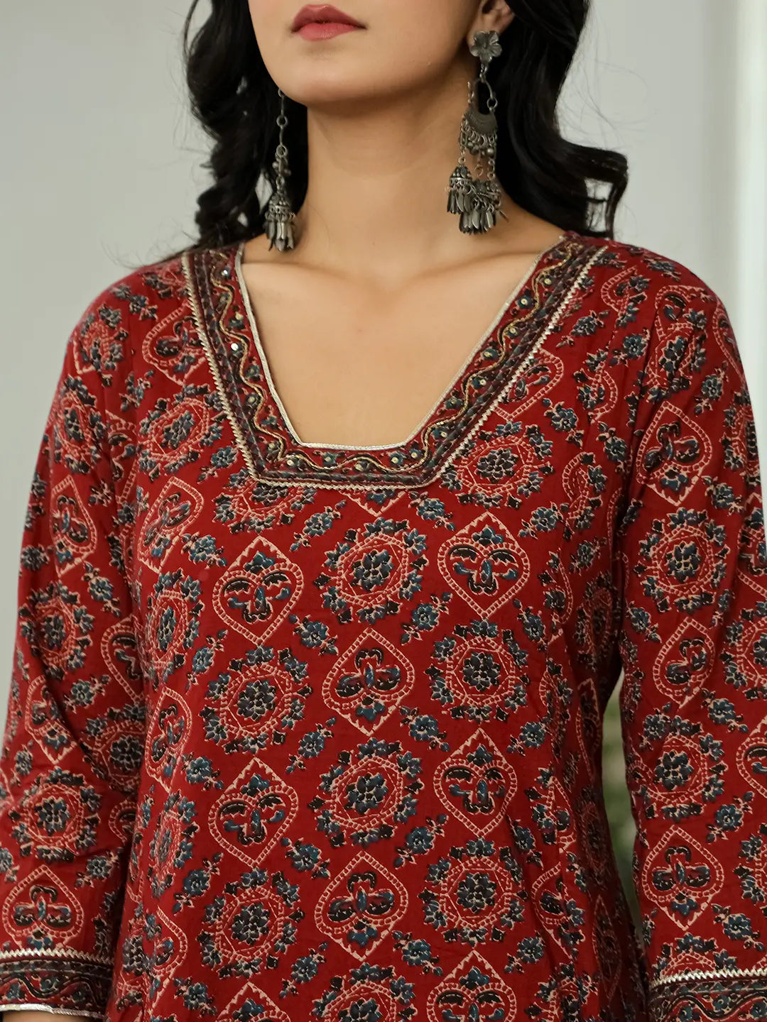 Yufta Maroon Ethnic Motifs A-Line Kurta Trouser Dupatta Set With Bucket Neck - Distacart