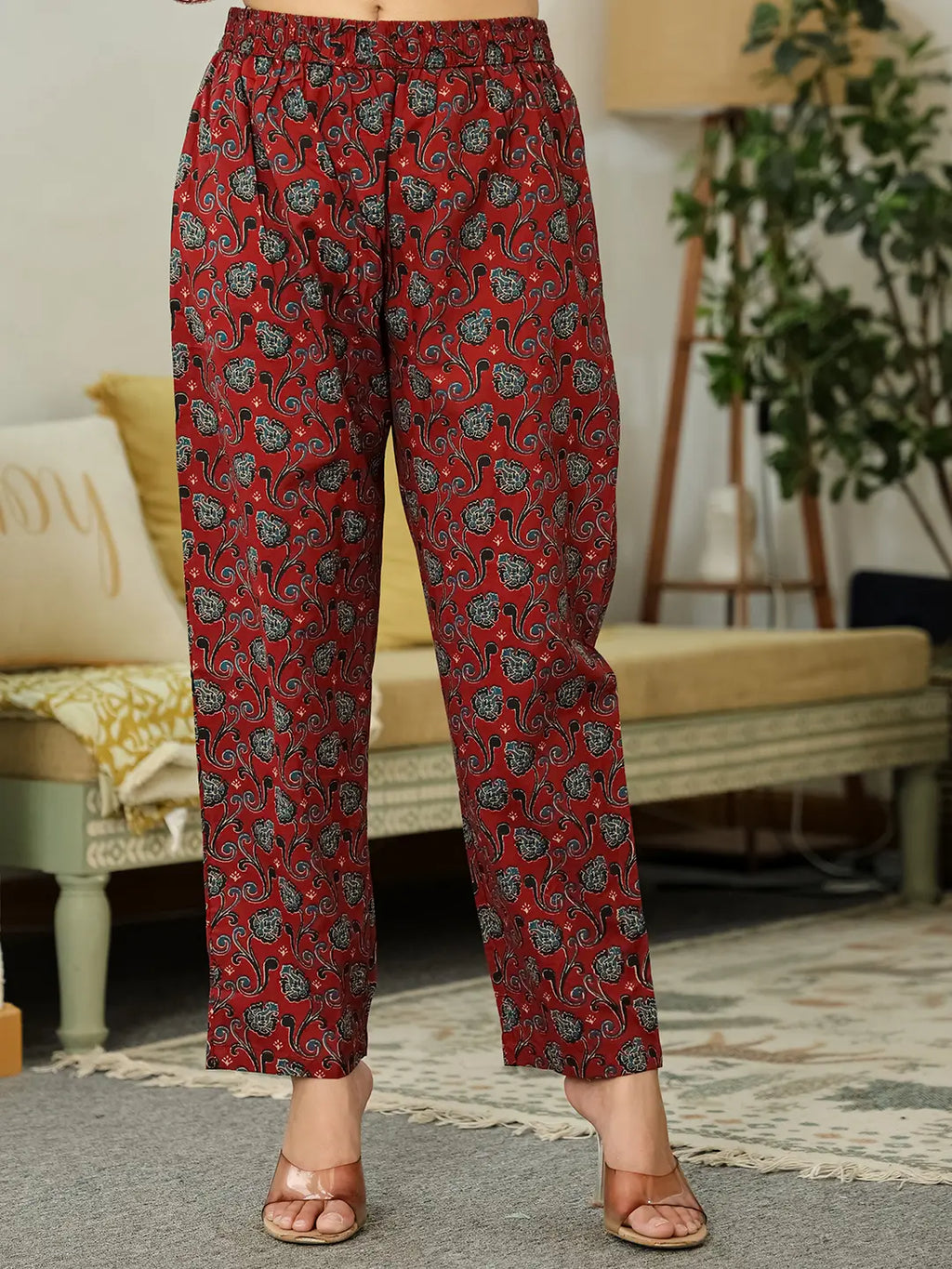 Yufta Maroon Ethnic Motifs A-Line Kurta Trouser Dupatta Set With Bucket Neck - Distacart