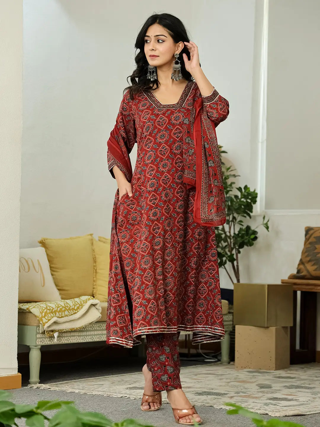 Yufta Maroon Ethnic Motifs A-Line Kurta Trouser Dupatta Set With Bucket Neck - Distacart