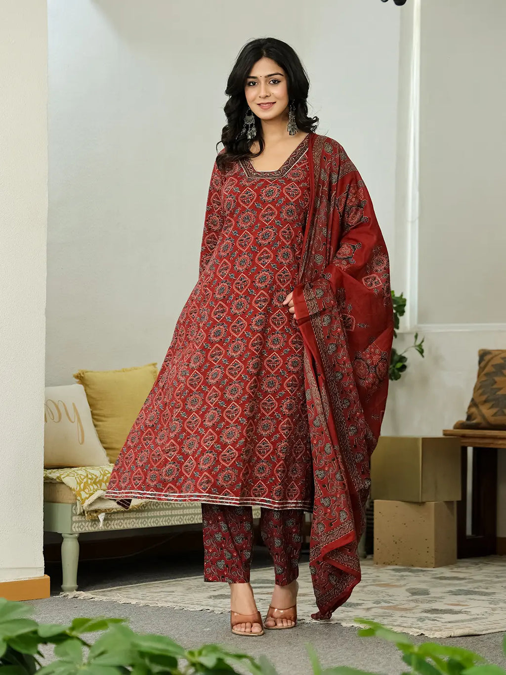 Yufta Maroon Ethnic Motifs A-Line Kurta Trouser Dupatta Set With Bucket Neck - Distacart