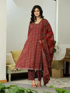 Yufta Maroon Ethnic Motifs A-Line Kurta Trouser Dupatta Set With Bucket Neck - Distacart
