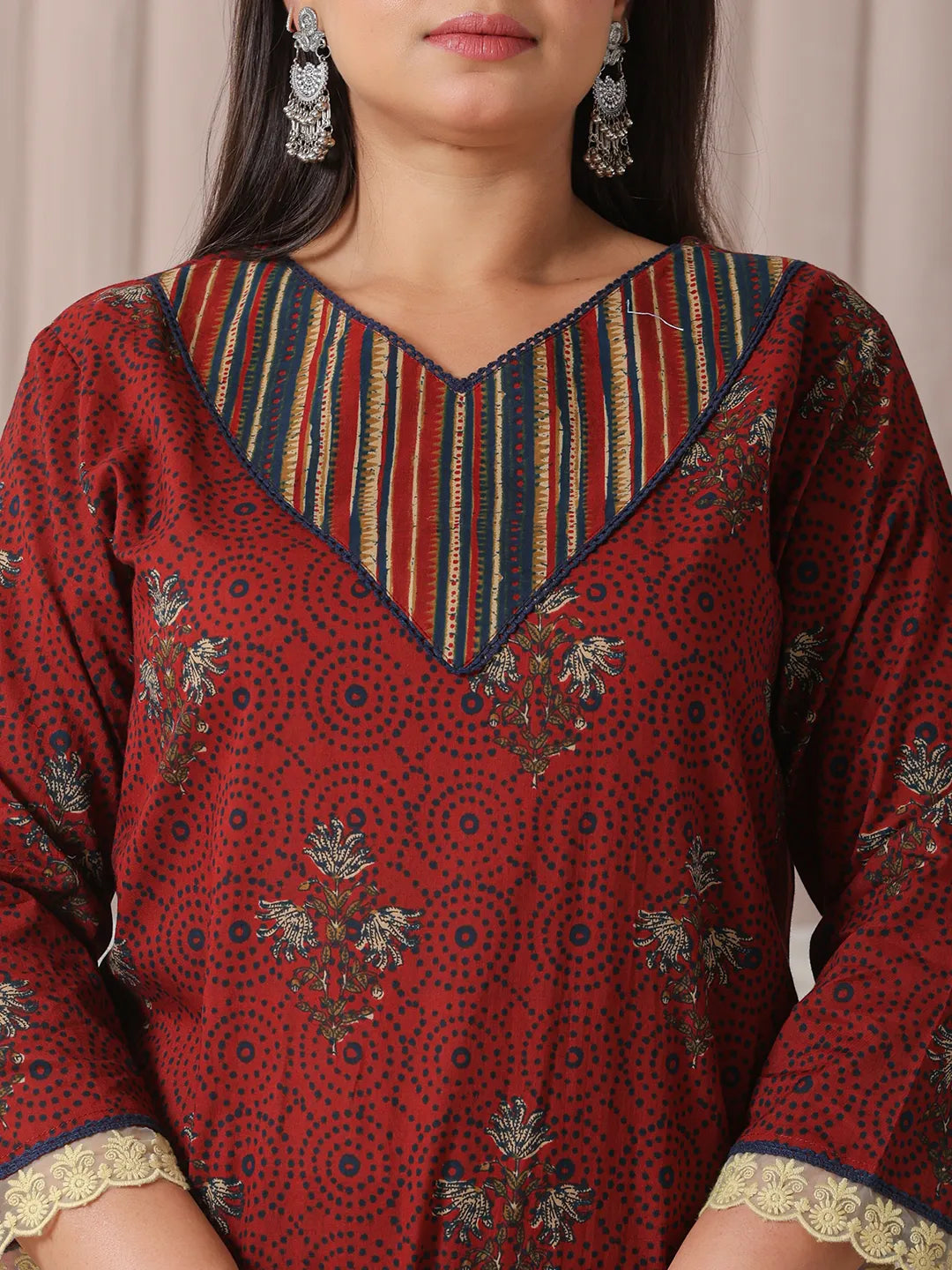 Yufta Maroon Floral Print Patch & Lace Work Plus Size Kurta Set With Pant & Dupatta - Distacart