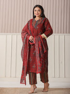 Yufta Maroon Floral Print Patch & Lace Work Plus Size Kurta Set With Pant & Dupatta - Distacart