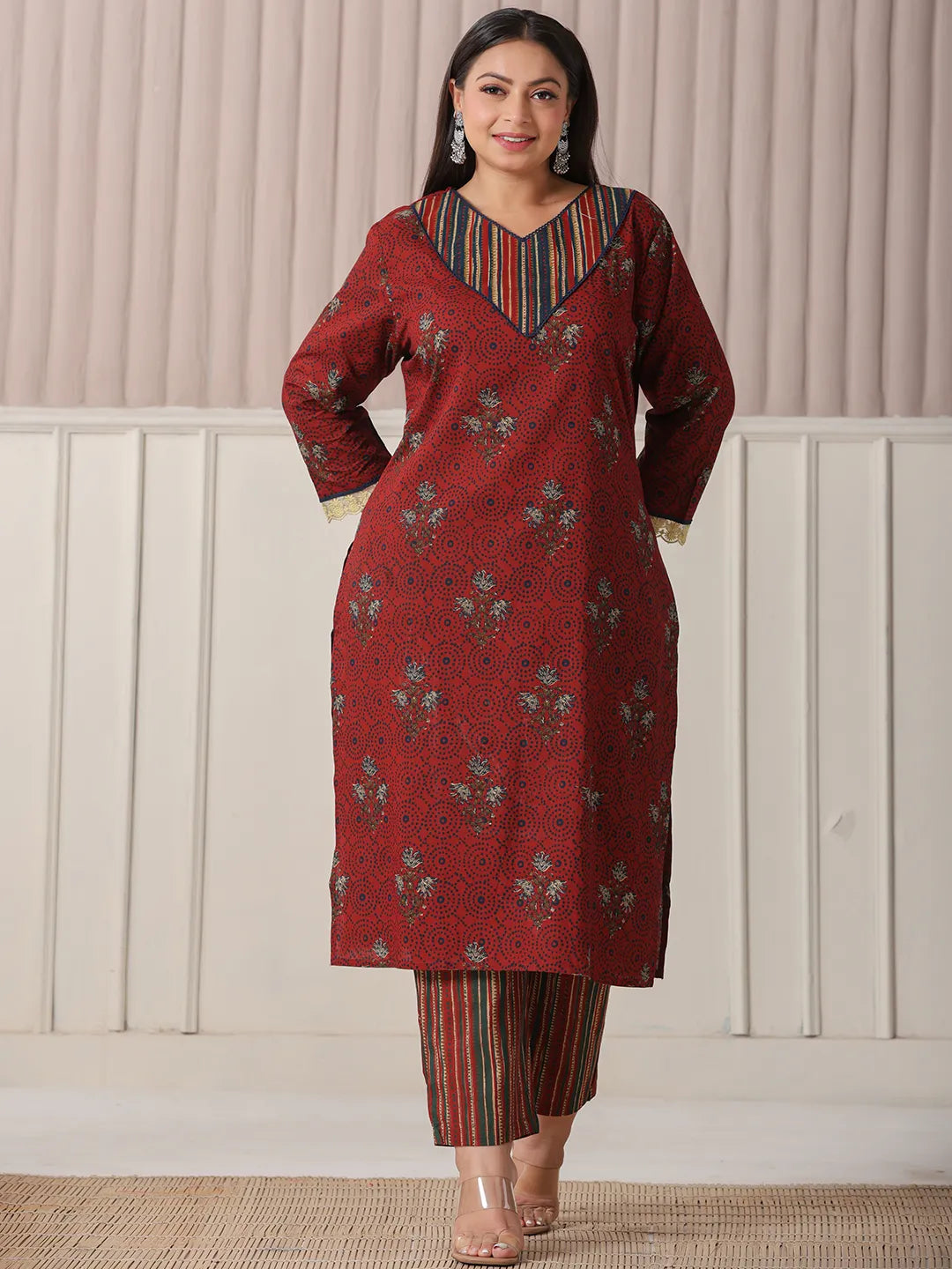 Yufta Maroon Floral Print Patch & Lace Work Plus Size Kurta Set With Pant & Dupatta - Distacart