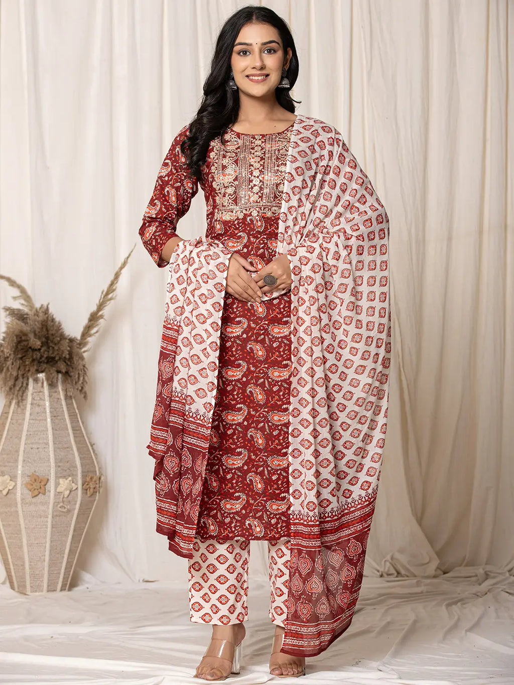 Yufta Maroon Paisley Pure Cotton Straight Kurta And Trouser With Dupatta