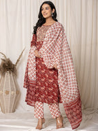 Yufta Maroon Paisley Pure Cotton Straight Kurta And Trouser With Dupatta