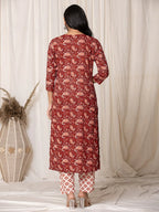 Yufta Maroon Paisley Pure Cotton Straight Kurta And Trouser With Dupatta