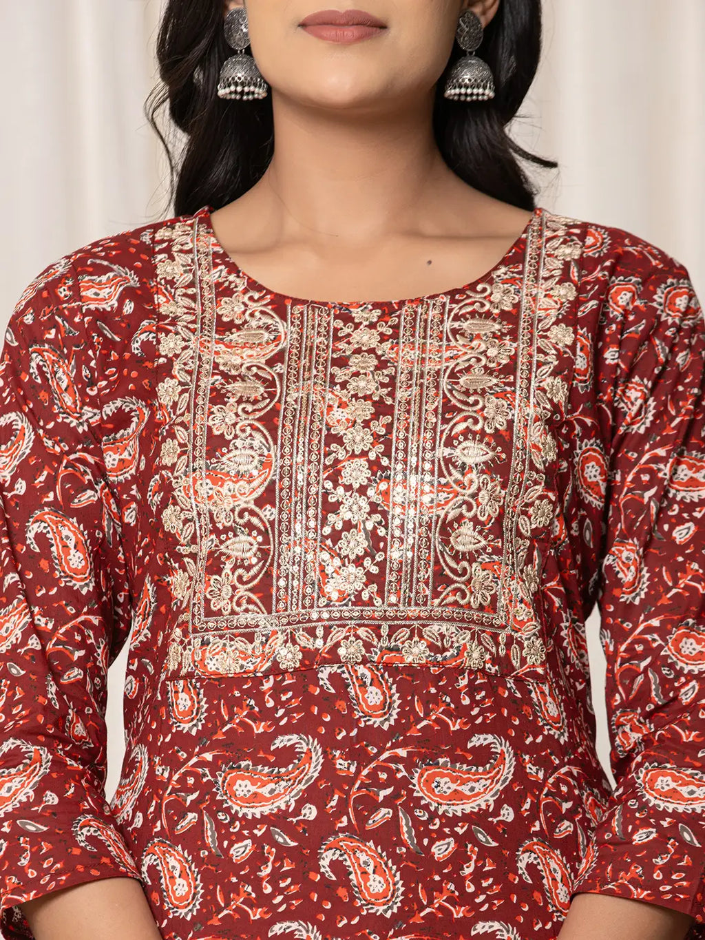 Yufta Maroon Paisley Pure Cotton Straight Kurta And Trouser With Dupatta