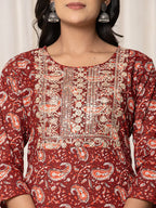 Yufta Maroon Paisley Pure Cotton Straight Kurta And Trouser With Dupatta