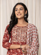 Yufta Maroon Paisley Pure Cotton Straight Kurta And Trouser With Dupatta