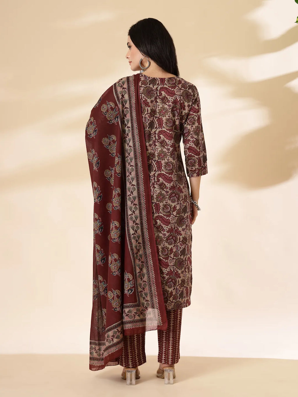 Yufta Maroon Pure Cotton Straight Kurta Dupatta Set - Distacart