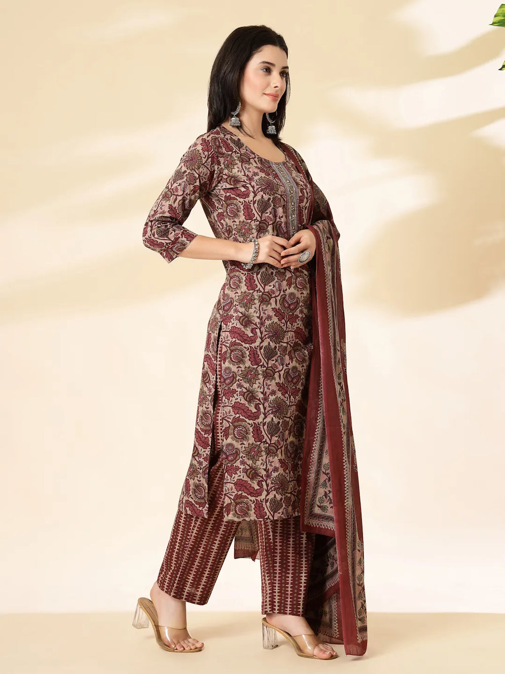 Yufta Maroon Pure Cotton Straight Kurta Dupatta Set - Distacart