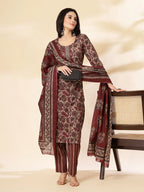 Yufta Maroon Pure Cotton Straight Kurta Dupatta Set - Distacart