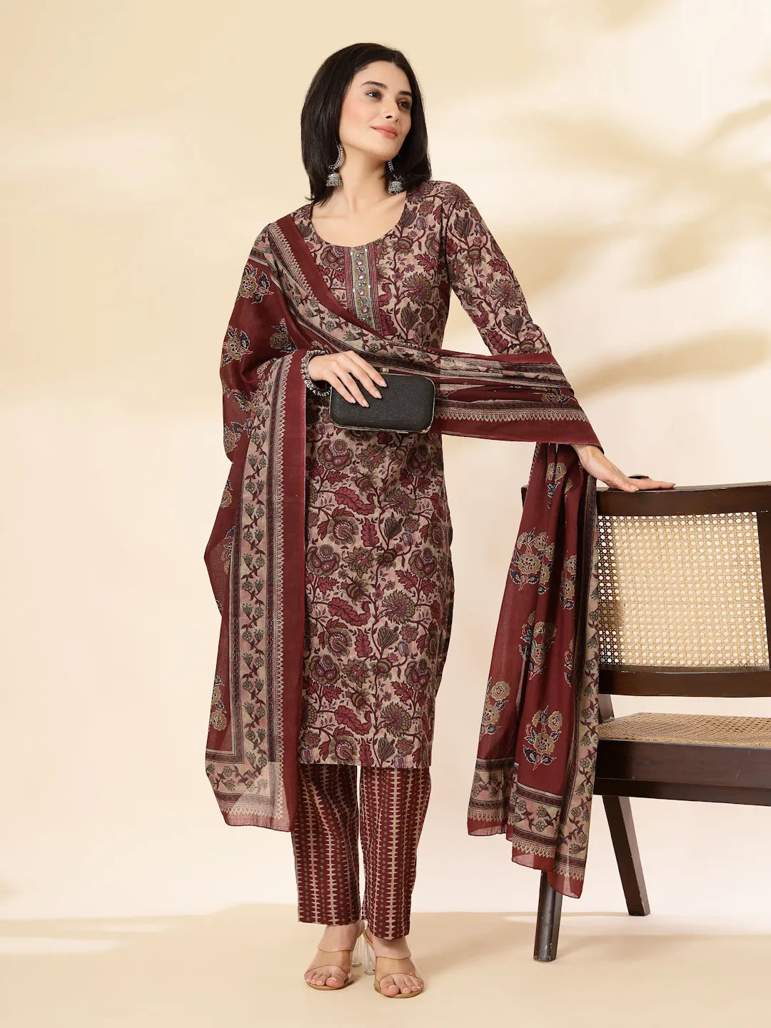 Yufta Maroon Pure Cotton Straight Kurta Dupatta Set - Distacart