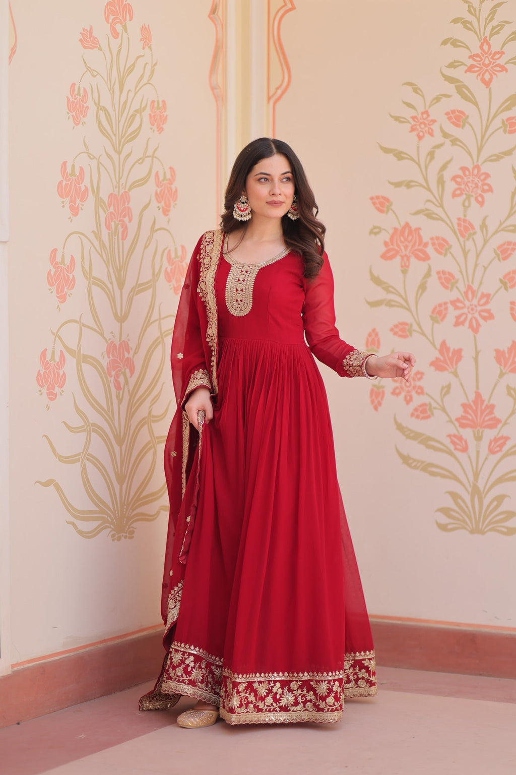 Evanik Faux Georgette With Embroidered Work Wedding Gown Dupatta - Distacart