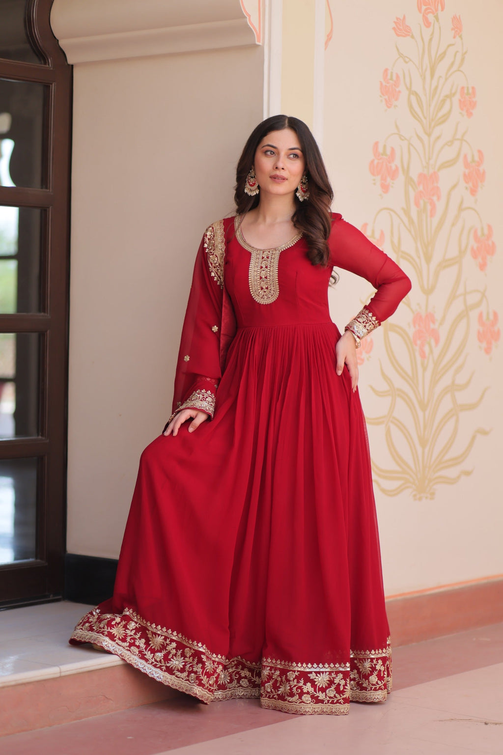 Evanik Faux Georgette With Embroidered Work Wedding Gown Dupatta - Distacart