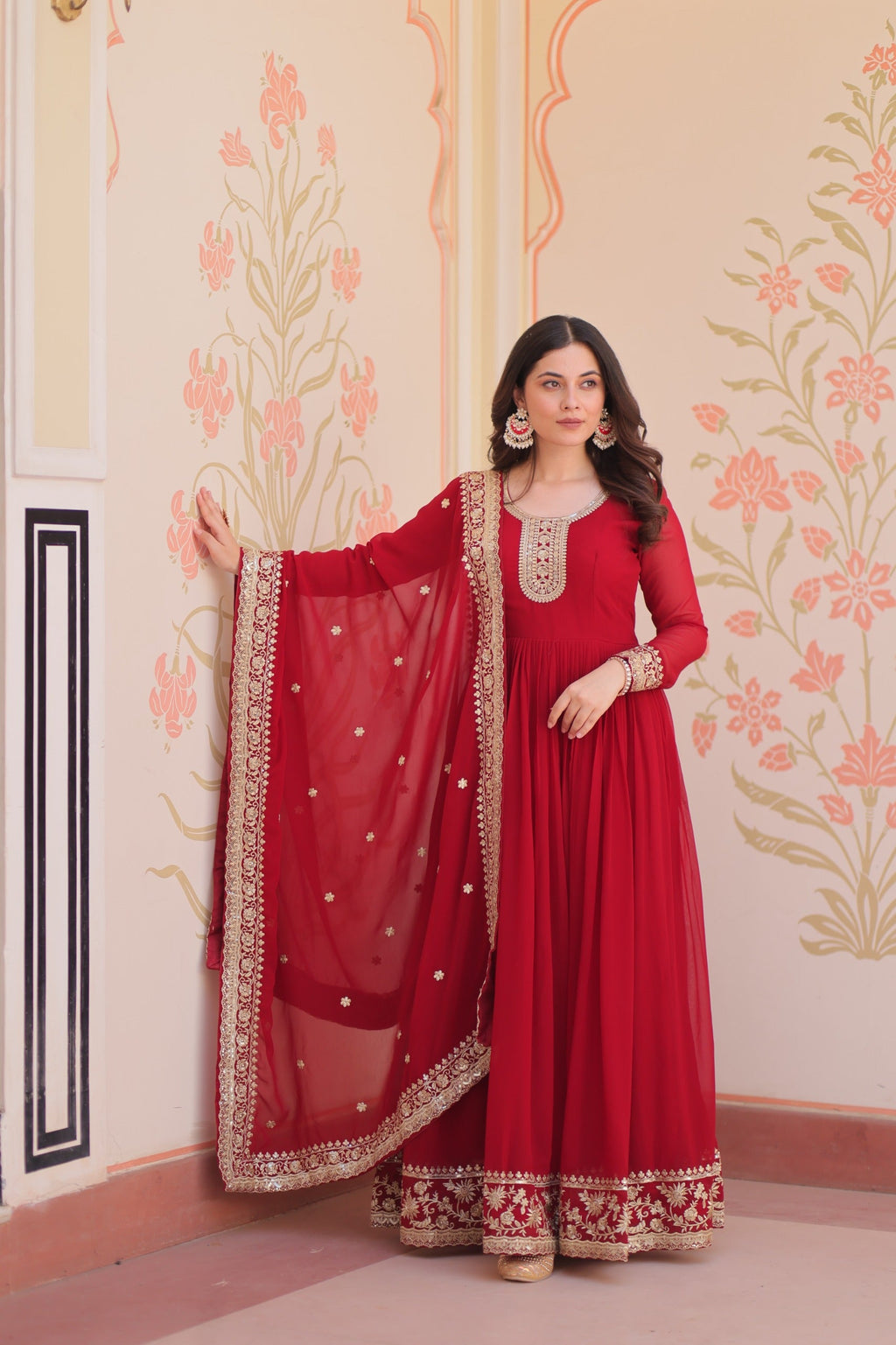 Evanik Faux Georgette With Embroidered Work Wedding Gown Dupatta - Distacart