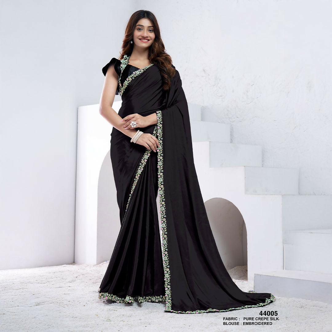 Black Pure Crepe Silk Diamond With Hand Work Saree With Unstitched Blouse - Norita Swaraa