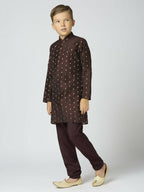 Joban Fashion Kids Island Full Sleeves Chanderi Kurta, Pyjama Set with Traditional Butta Work - Brown - Distacart