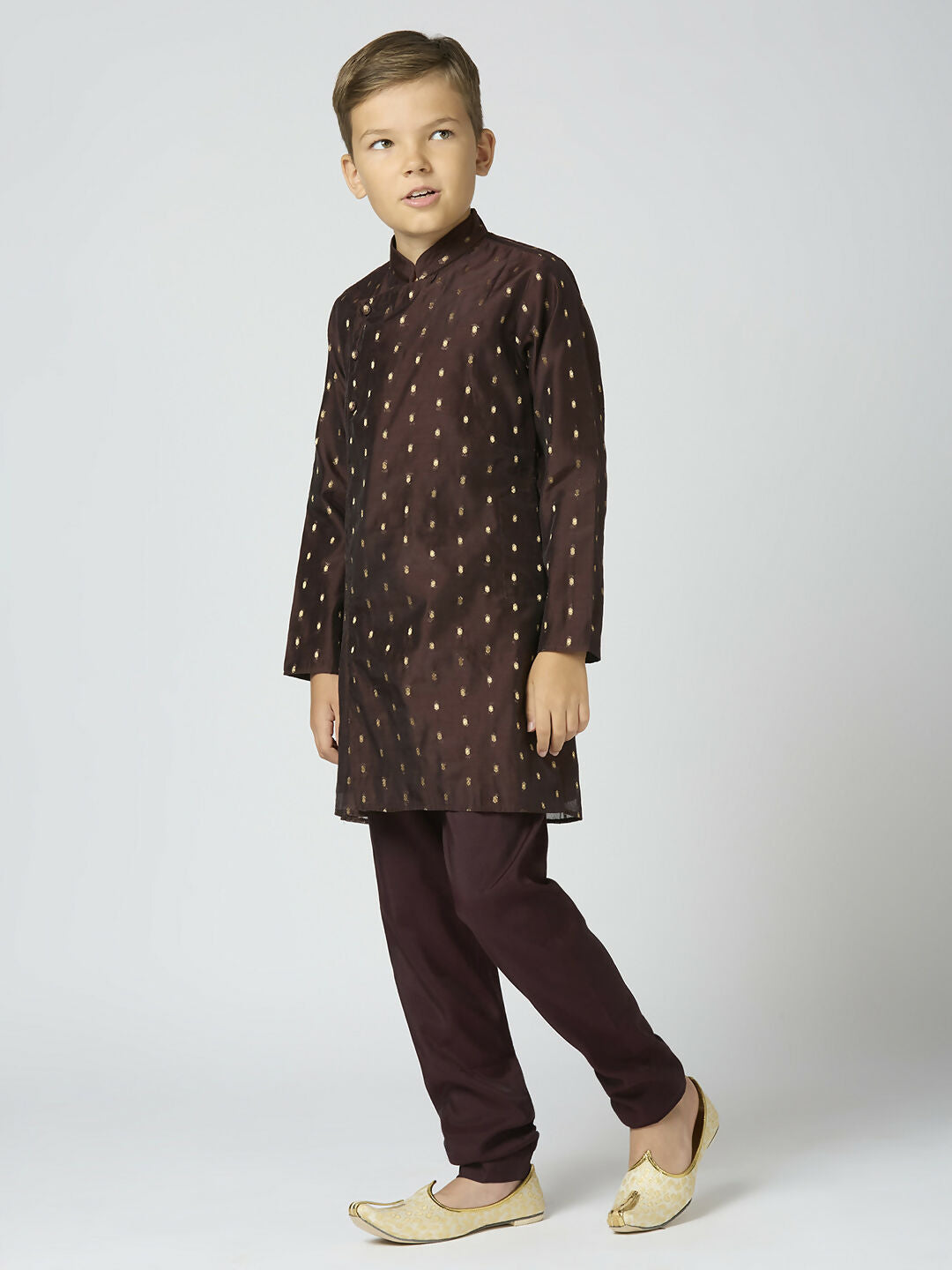 Joban Fashion Kids Island Full Sleeves Chanderi Kurta, Pyjama Set with Traditional Butta Work - Brown - Distacart