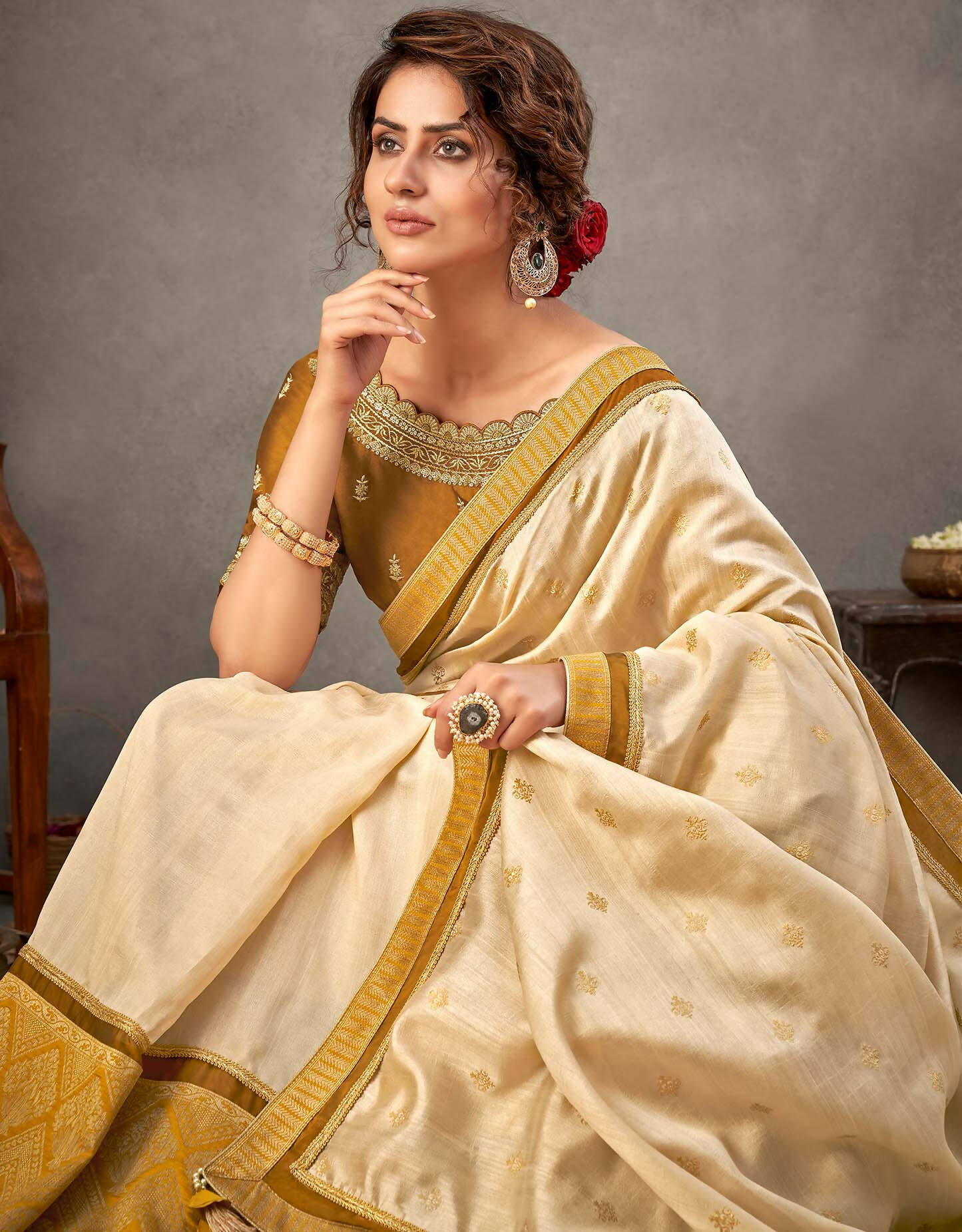 Off-White And Mustard Yellow Tusser Silk Zari And Sequins Embroidery Saree - Norita Arinya