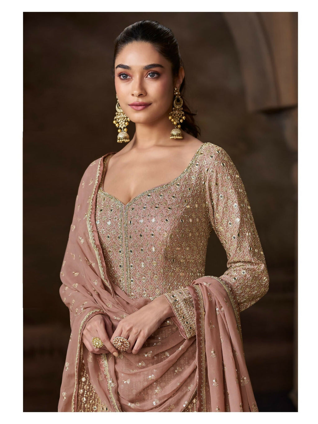 Anaita Beige Real Georgette Stitched Anarkali Suit with Embroidery & Sequence Work - Distacart