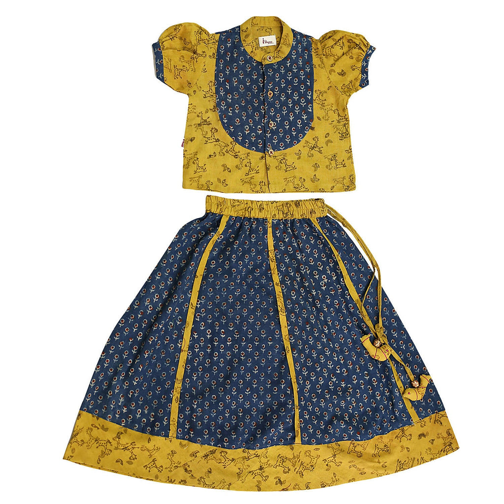 Mhyssa Block Printed Blue Ghagra Choli With Stand Collar & Puff Sleeves Set