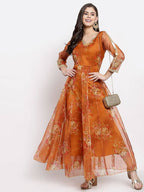 Myshka Women's Brown Organza Printed 3/4 Sleeve V Neck Casual Anarkali Dress