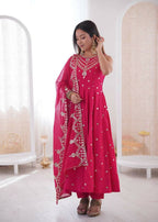 Teeya Creation Pink Color Roman Silk Embroidery Work Party Wear Gown - Distacart