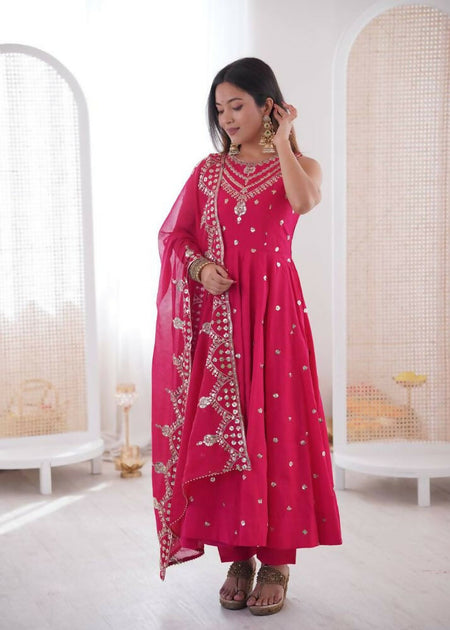 Teeya Creation Pink Color Roman Silk Embroidery Work Party Wear Gown