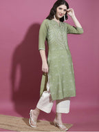 Cheera Women Stylish Hand Block Printed Cotton Blend Flared Kurta - Olive Green