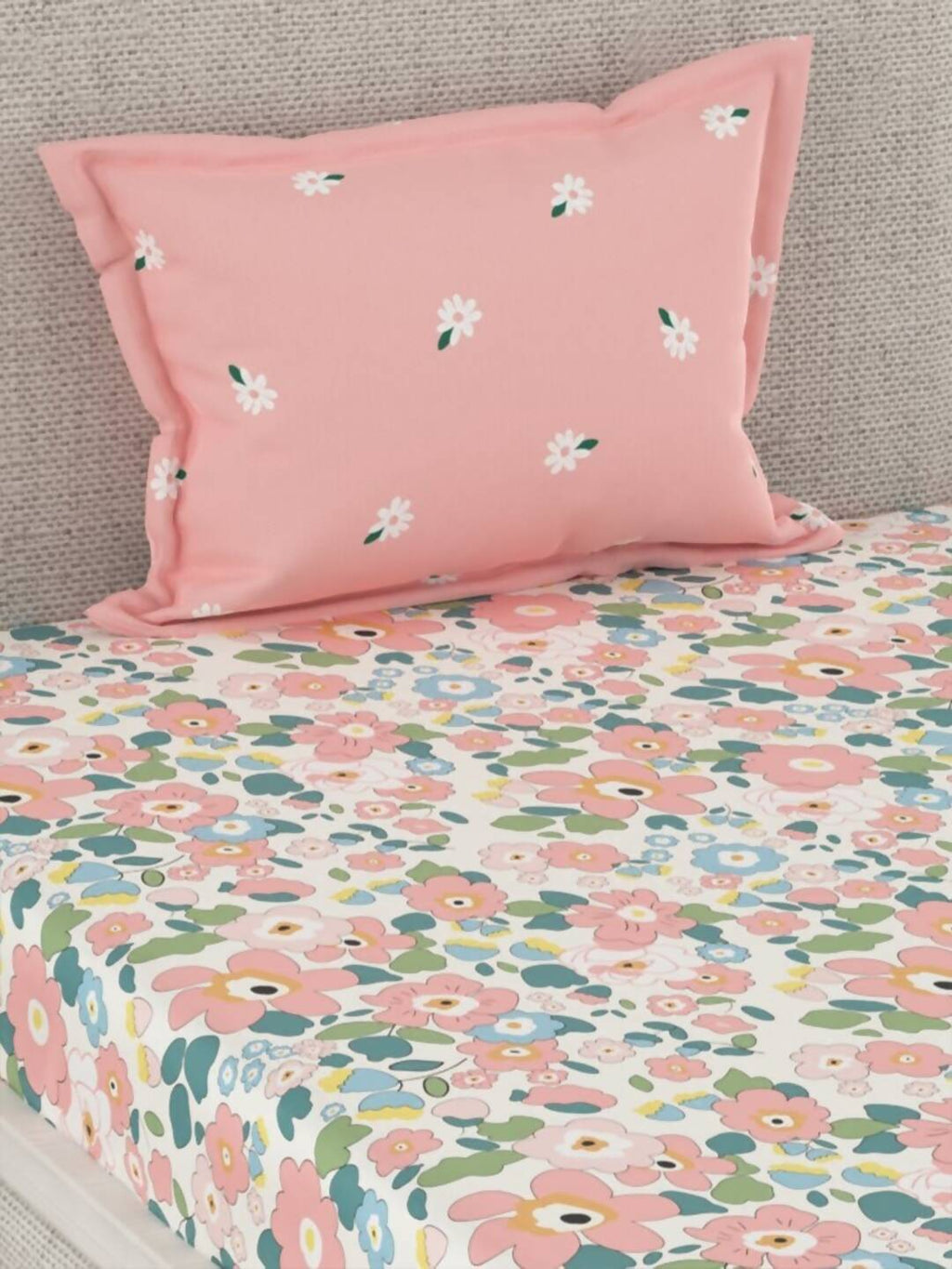 CHHAVI INDIA Pink & Blue Floral 210 TC Bedsheet with Pillow Covers - Distacart