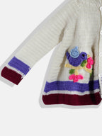 Chutput Kids Woollen Hand Knitted Full Sleeves Self Desgin Hoodie Dress For Baby Girls - Cream