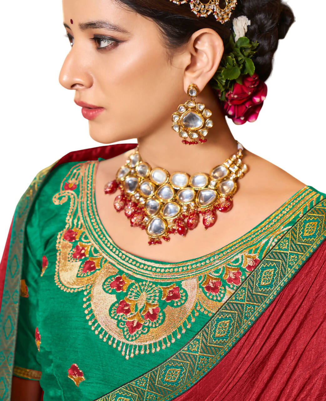 Red Solid Vichitra Saree With Unstitched Blouse Piece - Selena