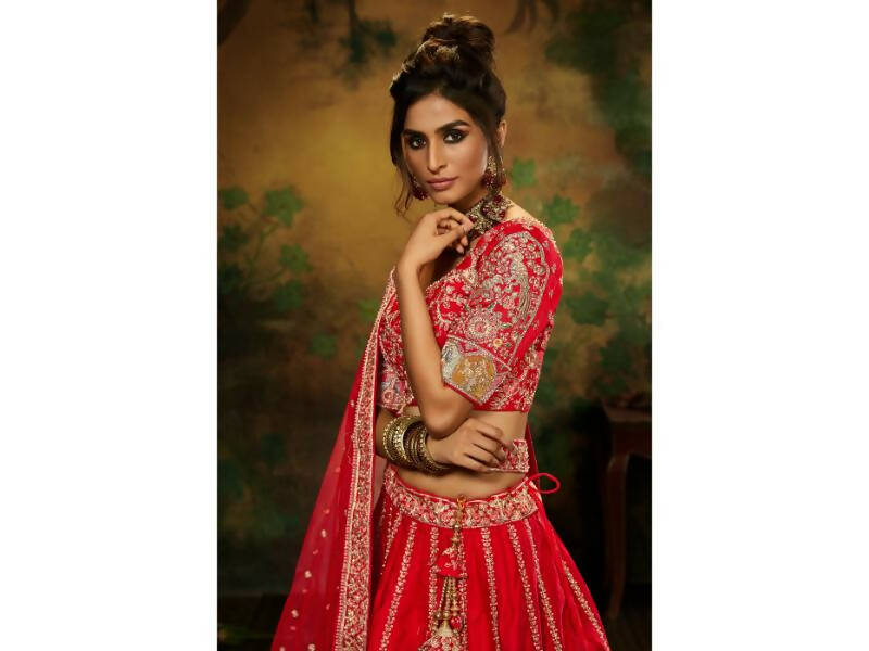House of Panchhi Red Pure Silk Moti & Zarkan heavy embroidery Lehenga choli & Dupatta