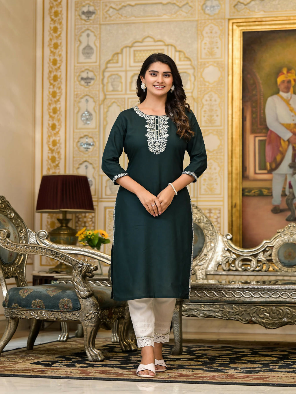 Juniper Women's Green Thread Embroidered Rayon Kurta
