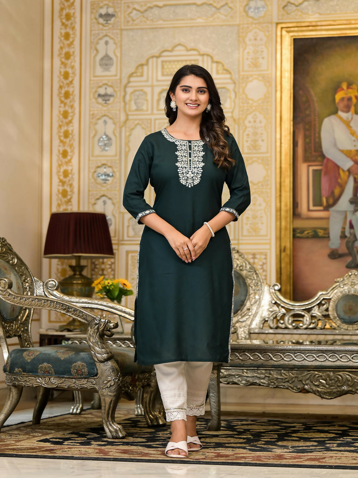 Juniper Women's Green Thread Embroidered Rayon Kurta