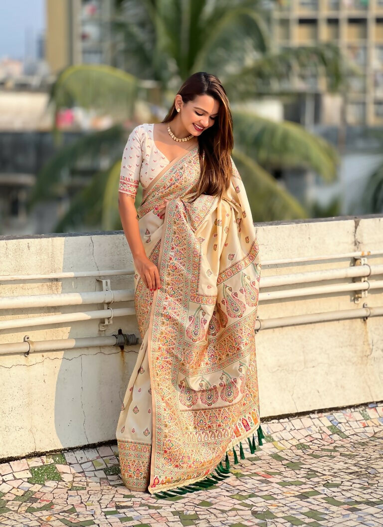 Yellow Pashmina Silk Wevon Kashmiri Meenakari Designer Saree with Unstitched Blouse - Vandini
