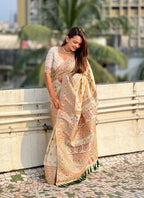 Yellow Pashmina Silk Wevon Kashmiri Meenakari Designer Saree with Unstitched Blouse - Vandini