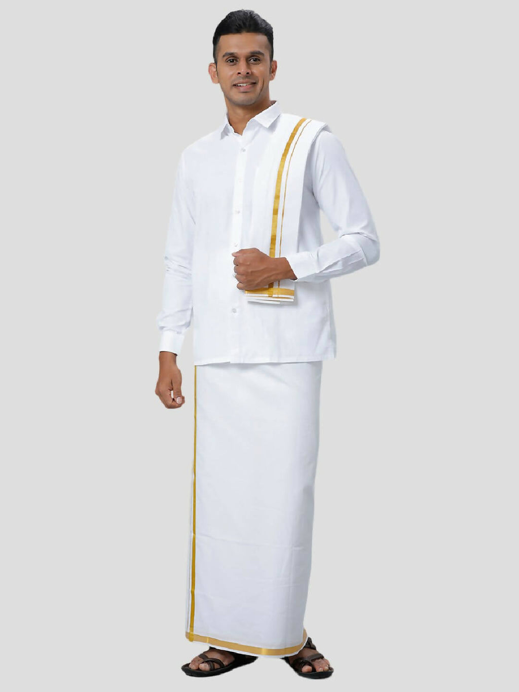Ramraj Cotton Mens 1/4 " Poly Cotton Gold Jari Dhoti And Towel Set - White